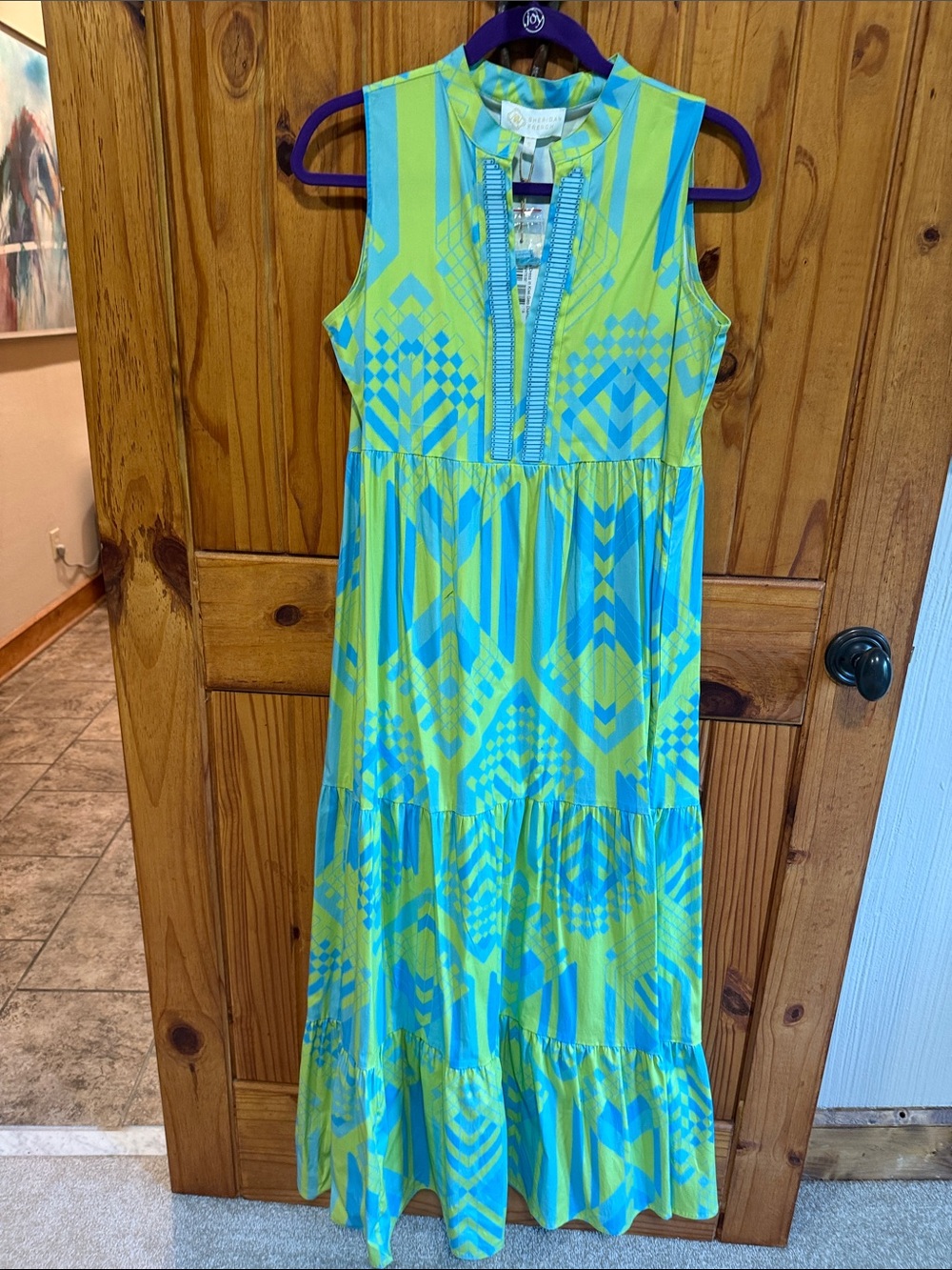 Sleeveless Lime & Turquoise Geometric Tiered Maxi Dress